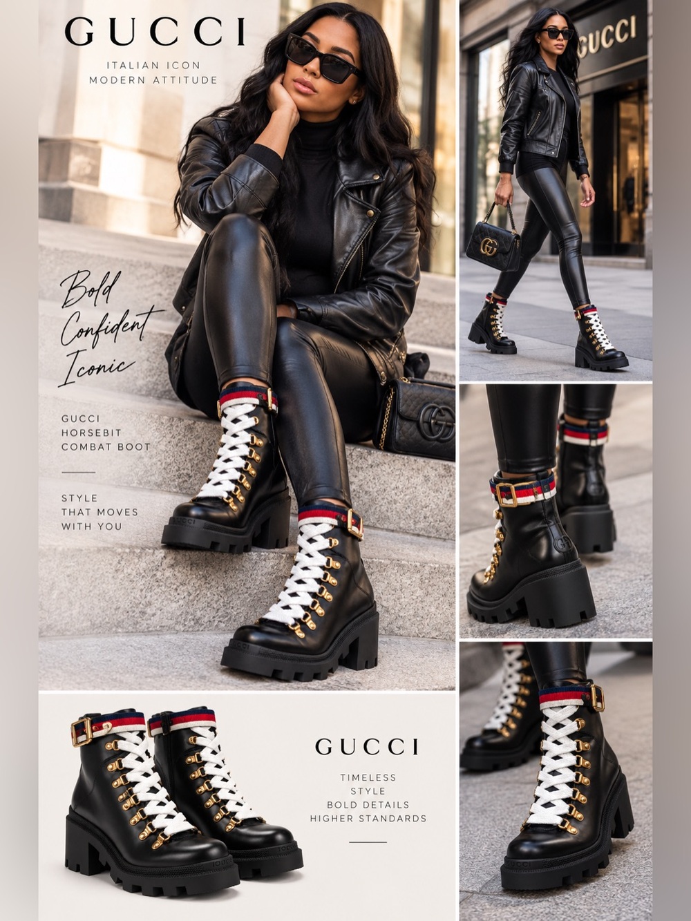 NWT Gucci Women's Black Leather Lug-Sole Lace-Up Boots with White Laces US 5.5